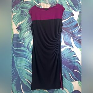 Chaps Blue and Magenta Cap-Sleeve Midi Dress